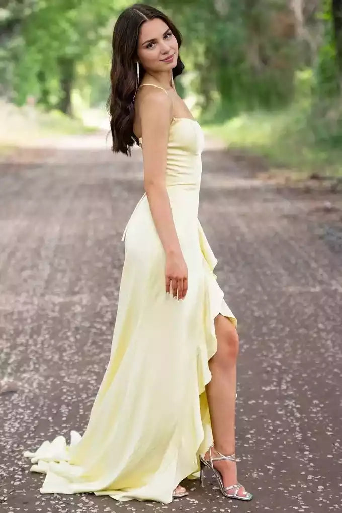 Charming mermaid satin square neck sleeveless ruffle hem and slit lace up back Prom Dresses